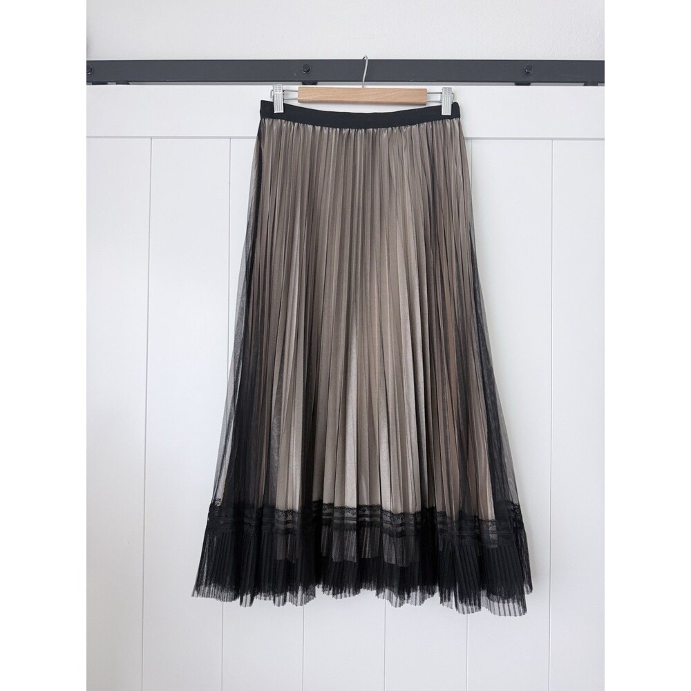 Pleated Mesh Lace Maxi Skirt Black Champagne Calligraphie M Boho Romantic Party